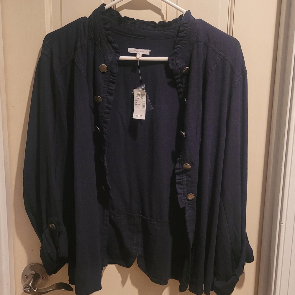 Maurices Navy Blue Ruffle-Trim Button Front Blazer Jacket